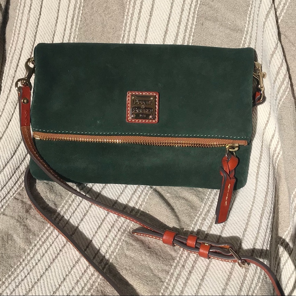 Dooney Hunter green suede fold over zip crossbody